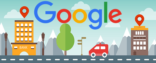 The Google logo over a cartoon town