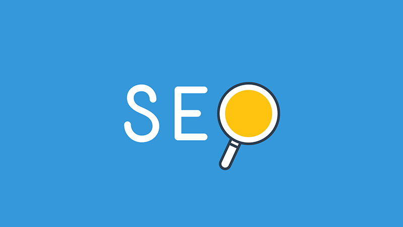 SEO, but with a magnifying glass over the 'O'