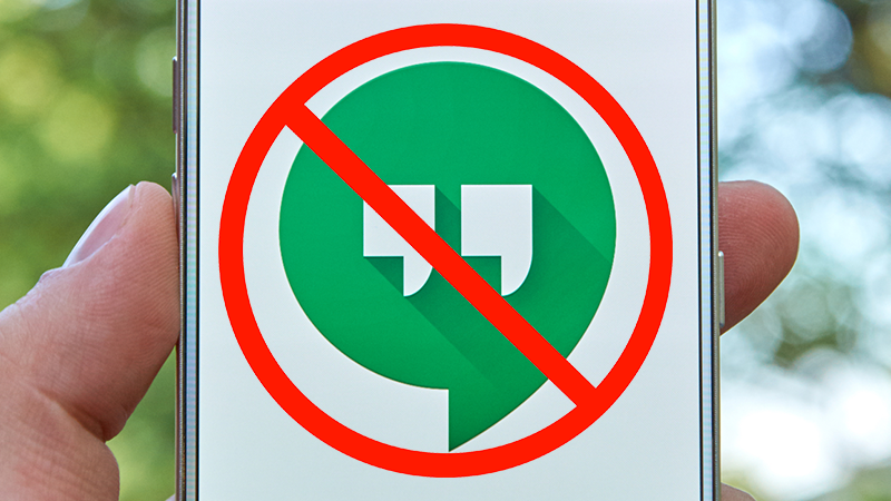 A crossed out Google Hangouts logo