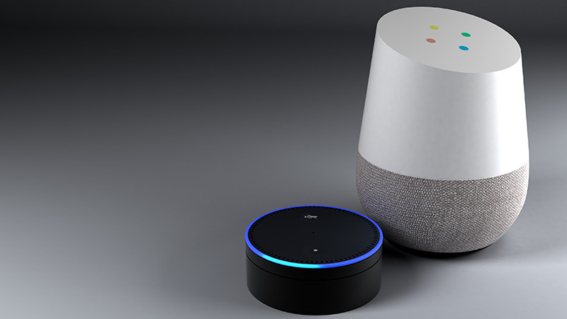 An Amazon Echo and Google Home, two digital assistants