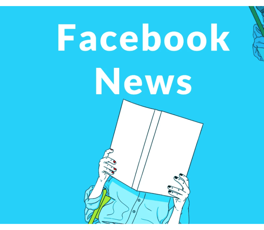 The Facebook News logo, above a woman holding a book