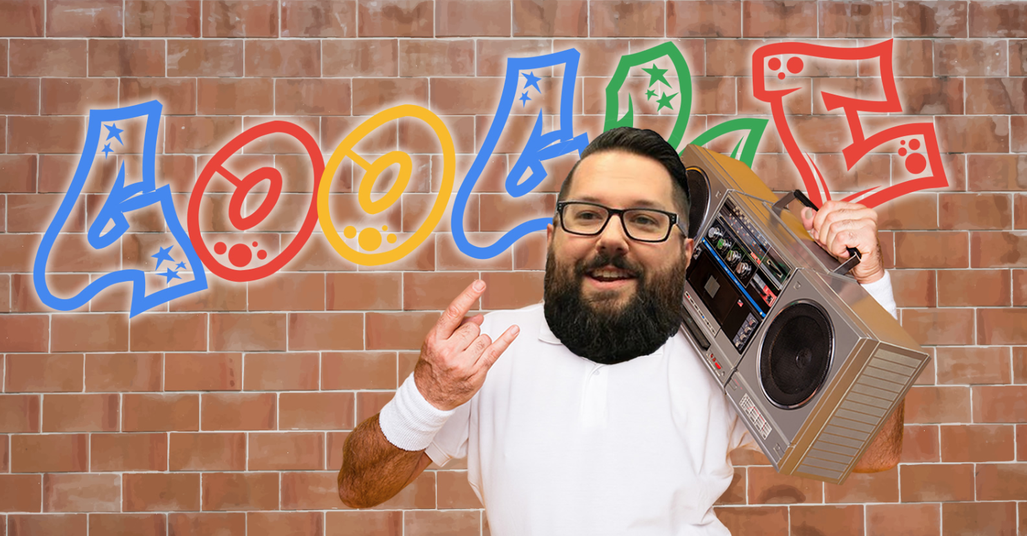 The google logo on a wall behind a photoshopped image of a person holding a boom box