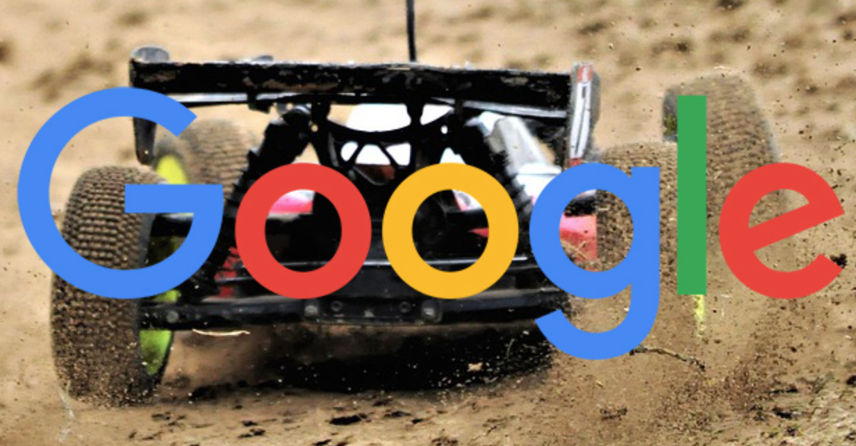 The google logo over a RC car
