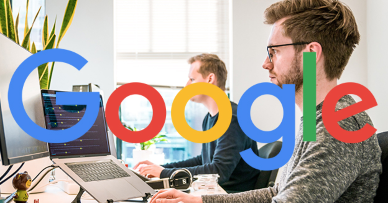 Google logo over an office setting